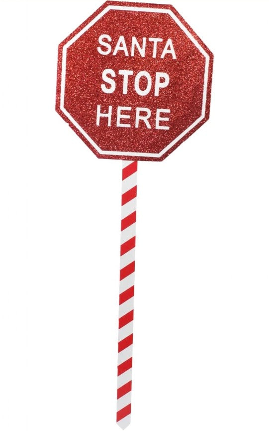 Santa Stop Here Christmas Sign – Red Glitter-Style Decoration