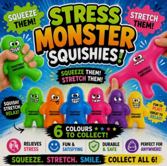 Stress Monster Squishies | Squeeze & Stretch Sensory Toy | 5 Colours