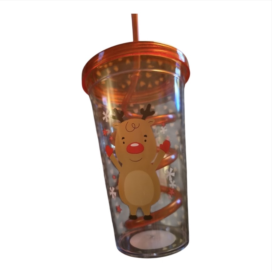Christmas Drinking Tumbler with Curly Straw - Santa, Elf, Reindeer & Snowman