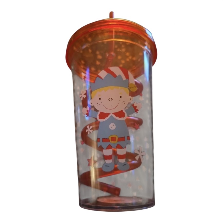 Christmas Drinking Tumbler with Curly Straw - Santa, Elf, Reindeer & Snowman