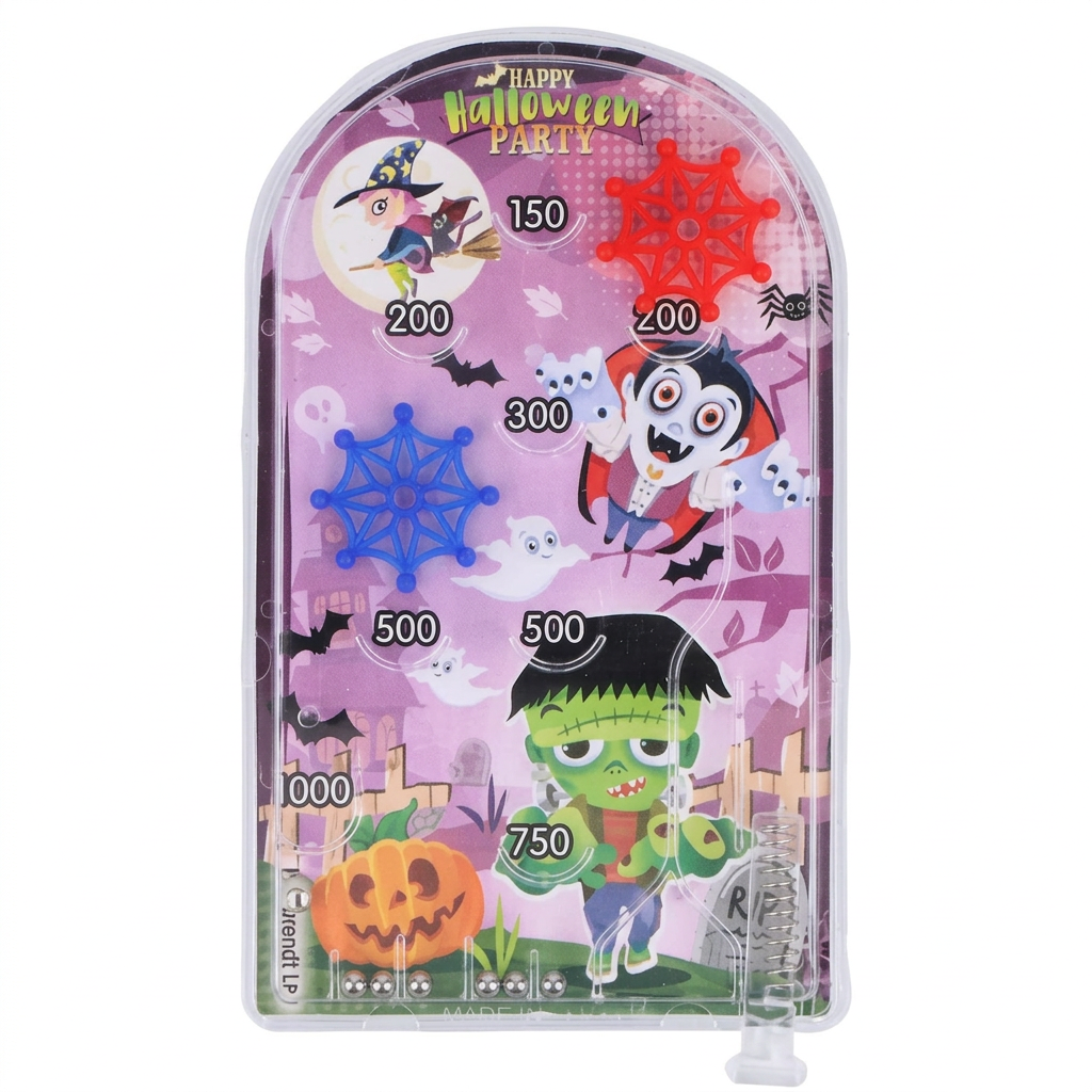 Halloween mini pinball game with monster artwork, scoring targets and a spring-loaded plunger